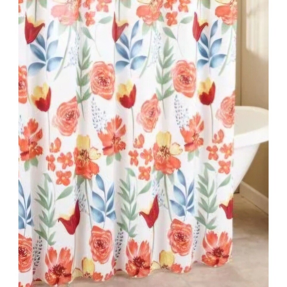 Shower Curtain Garden Delight Fabric Orange Blue Floral Flowers Spring Summer
